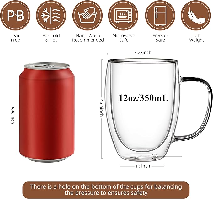 CNGLASS 12oz Double Walled Glass Coffee Mugs(4-pack),Insulated Glass Mugs with Handle,Clear Espresso Cups for Latte,Cappuccino,Tea Bag - Bloomnest