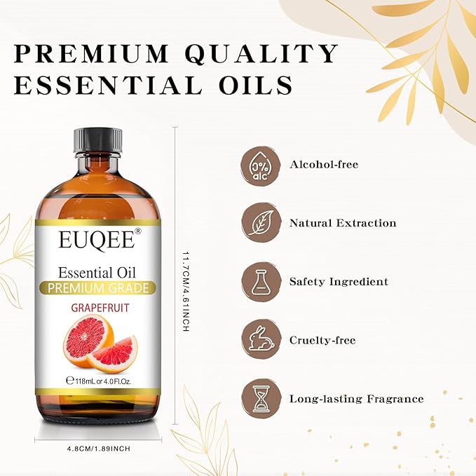 EUQEE Grapefruit Essential Oil 118mL Pure Grapefruit Oil, Large Capacity Essential Oil with Glass Dropper for Diffuser, Aromatheraphy, DIY Soap (4fl.oz) - Bloomnest