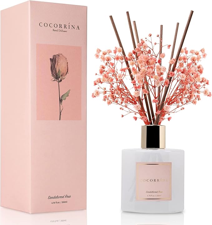 Cocorrína Premium Reed Diffuser Set with Preserved Baby's Breath & Cotton Stick Sandalwood Rose | 6.7oz Scent Fragrance Oil Diffuser for Bedroom Bathroom Home Décor - Bloomnest