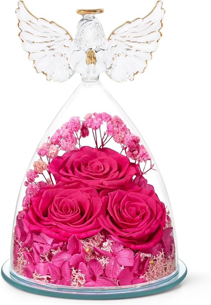 Valentines Day Gifts for Her Women Preserved Flower Rose, Forever Eternal Fresh Flowers in Glass Angel Figurines Flowers for Delivery Prime for Grandma Mom from Daughter Wife Mothers Day Birthday Pink - Bloomnest