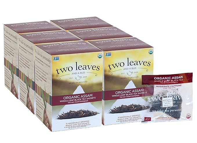 Two Leaves and a Bud Organic Assam Black Tea Bags, Whole Leaf Caffeinated Black Tea in Compostable Sachets, 15 Count (Pack of 6) - Bloomnest