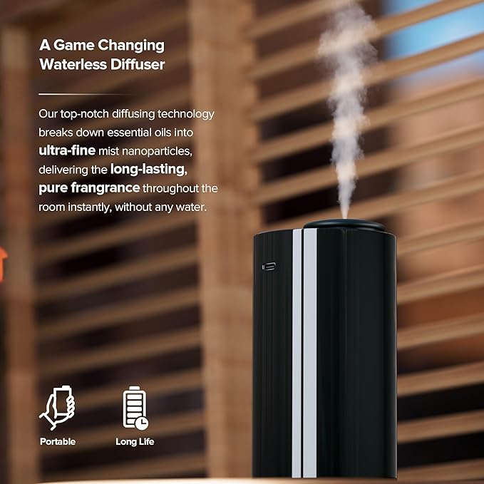 Waterless Essential Oil Diffuser for Home Aromatherapy Car Nebulizing Diffuser Battery Operated 5-20mL Mini Scent Air Machine Up to 600 sq ft 4 Countdown Timers and 3 Mist-Level (AN7 Black) - Bloomnest