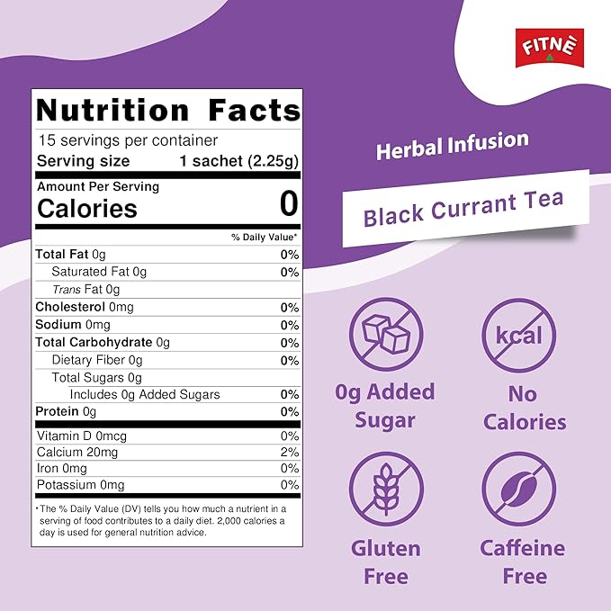 FITNÈ Black Currant Herbal Green Tea Fruity Garcinia Senna Infusion Gentle Detox Cleansing Boost Antioxidant Wellness Tea No Calories, 15 Tea Bags