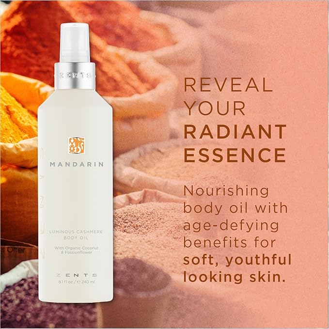 Zents Luminous Cashmere Body Oil (Travel Size - Mandarin Fragrance) | Moisturizing Body Oil with Vitamin E & Organic Coconut Oil | Softens & Smooths Skin | 1 fl oz | TSA Approved - Bloomnest