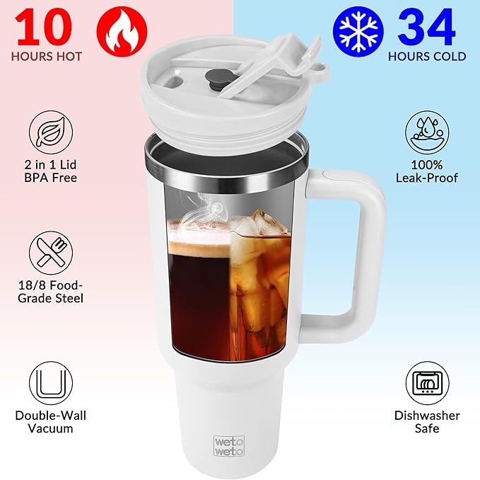 WETOWETO 40oz Tumbler with Handle and Lid | 100% Leakproof Insulated Stainless Steel Travel Mug | Keeps Cold 34Hrs/Hot 10Hrs | Dishwasher Safe, Fits Car Cup Holder (Foggy Color) - Bloomnest
