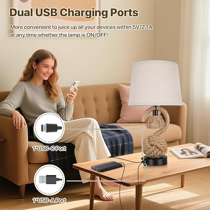 22" Rope Lamps for Night Stands, Dual-Lights Bedside Lamps Set of 2, Boho Table Lamps for Living Room, 3-Color Temperatures Boho Lamp with Rotary Switch, Rattan Lamp with USB Ports, 4 Bulbs Included - Bloomnest