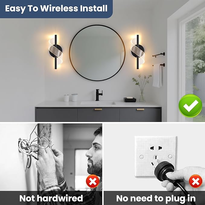 Cordless Wall Sconces Set of 2, Helical Wireless Rechargeable Battery Wall Light with Remote Control Dimmable. Portable Lighting for Wall Painting, Living Room, Bedroom, Night Light. 11.8''Black - Bloomnest