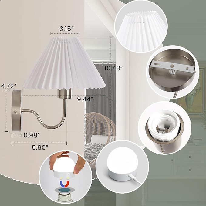 Wireless Wall Sconce Sets of 2, Pleated Shades Rechargeable Battery Operated Wall Sconce, Retro gooseneck Brushed Nickel Bathroom Vanity Lights, Wall Mounted Lamps for Bedroom Living Room Hallway - Bloomnest