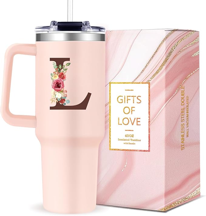 Monogrammed 40oz Tumbler with Handle for Women, Personalized Birthday Gifts for Women,Initial Cups for Woman Floral Letter L,Customized Gifts for Female Lady Gift for Mothers Day Christmas - Bloomnest