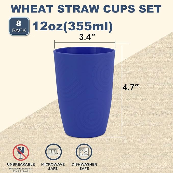 Wrova Wheat Straw Cups 8PCS,12oz Unreabkable Drinking Cups Freezer,Dishwasher and Microwave Safe,Sturdy Plastic Cups Reusable suitable for Kitchen,Camping,Picnic,White-Yellow-Orange-Blue - Bloomnest