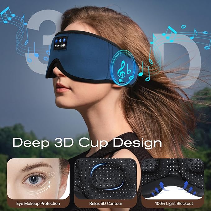 3D Sleep Mask with Bluetooth Headphones, Sleeping Headphones for Side Sleepers, Wireless Music Eye Mask with Ultra-Thin Stereo Speakers for Men, Women, Tech Gifts, Deep Blue - Bloomnest