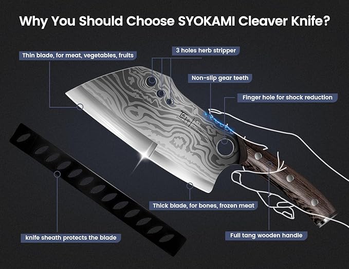 Meat Cleaver Chef Knife with Sheath, 7.7 Inch Butcher Knife with Herb Stripper, Chopping Knife Heavy Duty Bone Cutting, Damascus Pattern Full Tang Wood Handle, Birthday Gift for Men - Bloomnest