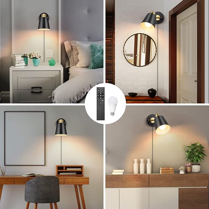 Wall Sconce Plug in, Remote Control Dimmable Wall Sconces and Adjustable Color Temperature 2700K-6000K Wall Lights with Plug in Cord, Wall Mounted Light for Bedroom Bedside(2 Pack, 2 Bulbs) - Bloomnest