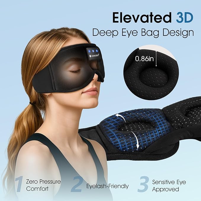 ZUMUSEN Bluetooth Sleep Headphones, 3D Wireless Music Eye Mask with Ultra-Thin Stereo Speakers, Adjustable Sleep Mask for Side Sleepers, Perfect for Travel, Meditation, Relaxation - Bloomnest