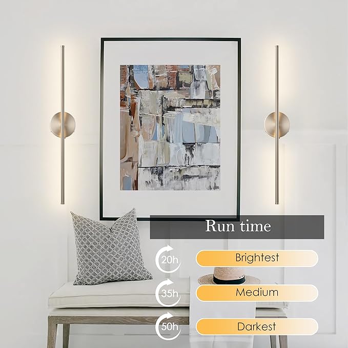 Battery Operated Wall Sconces with Remote Control, Dimmable Wall Sconces Set of Two, 350°Rotate, 3000K LED Nickel Wireless Wall Light for Living Room,Bedroom, Hallway, 28.3 Inch (2 Pack) - Bloomnest