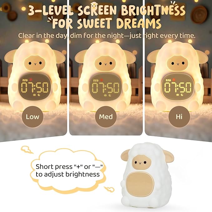 Sheep Alarm Clock with Night Light for Kids with Sleep Training and Sound Machine, Rechargeable Silicone Lamp OK to Wake Clock，Cute Animal Tabletop Lamp, Perfect Sleep Companion for Boys Girls, Khaki - Bloomnest