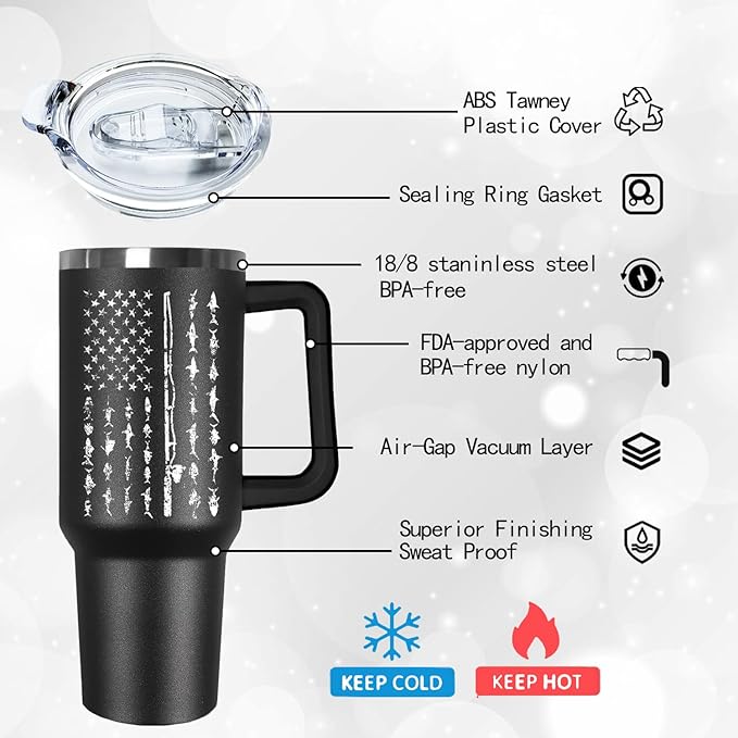 Ceovfoi 40 oz Black Stainless Steel Tumbler With Handle, Fishing Gifts for Men, American Flag Patriotic Cup - Bloomnest
