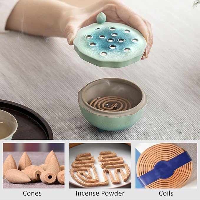 Zen Incense Burner with Lotus Lid Design (Lake Blue), Ceramic Incense Holder for Bakhoor, Stick, Powder, Cone, Coil, and Tower Incense, Home Fragrance Decor - Bloomnest