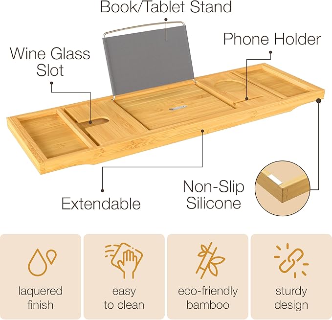 Personalized Bathtub Tray - Engraved Foldable Bamboo Bath Caddy, Tub Tray with Expandable Sides, Luxury Wooden Bath Table for Relaxation Spa - Customized Gift for Mom, Wife, New Home - Bloomnest