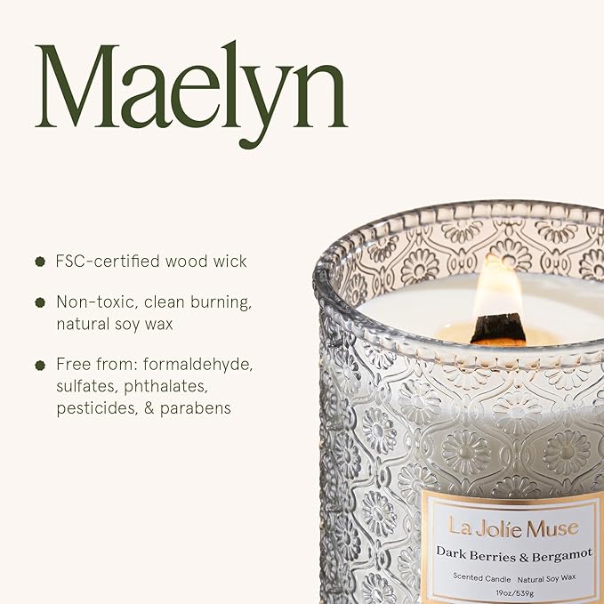 LA JOLIE MUSE Dark Berries & Bergamot Candle - Berries, Grape, Caramel | 19 oz Large Wooden Wick Candle | Natural Soy Wax | 90 Hours Clean Burn | Gift-Ready for Hosts & Gatherings | Elegant Home Décor - Bloomnest