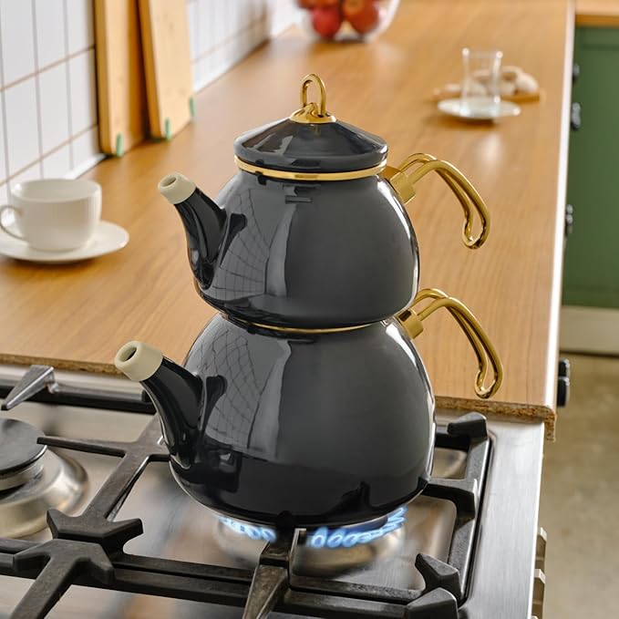 Karaca Retro Teapot Set Anthracite, Enamel, Teapot/Lid (1.1 lt, 2.4 lb), Tea Kettle (2.3 lt, 5 lb), Titanium Coated Handles, Suitable for Induction - Bloomnest