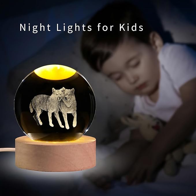 3D Wolf Crystal Ball with LED Light Base, 60mm Glass Sphere Decorative Balls, Wolf Figurine Lamp Gifts for Women Kids - Bloomnest
