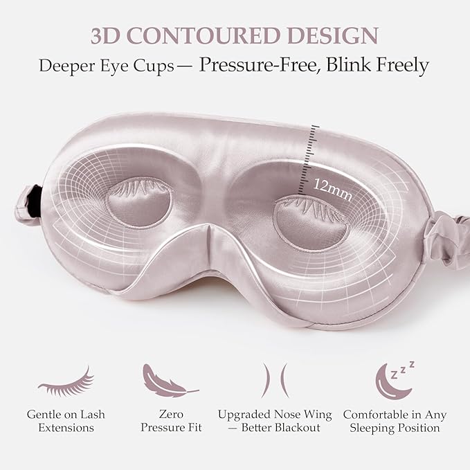 100% 22 Momme Mulberry Silk Sleep Mask with Adjustable Strap, 3D Contoured Cup Silk Eye Mask for Sleeping, Total Black Out, Dusty Purple - Bloomnest
