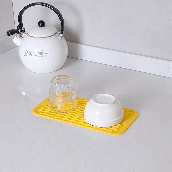 Silicone Dish Drying Mat for Multiple Usage,Easy clean,Eco-friendly,Heat-resistant Silicone Mat for Kitchen Counter or Sink,Refrigerator or Drawer Liner Yellow S 12 inches x 6 inches - Bloomnest