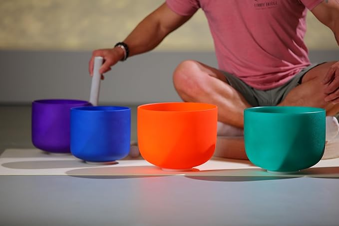 TOPFUND 7-12 inch Chakra Set of 7 Color Crystal Singing Bowls with Heavy Duty Carrying Cases and Mallets