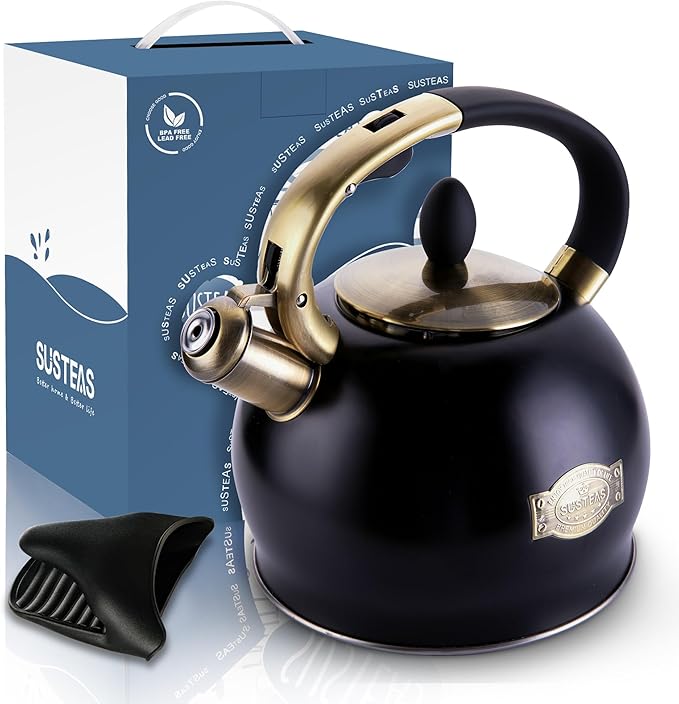 SUSTEAS Stove Top Whistling Tea Kettle - Food Grade Stainless Steel Teakettle Teapot with Cool Touch Ergonomic Handle, With 1 Silicone Pinch Mitt Included, 2.64 Quart(BLACK) - Bloomnest