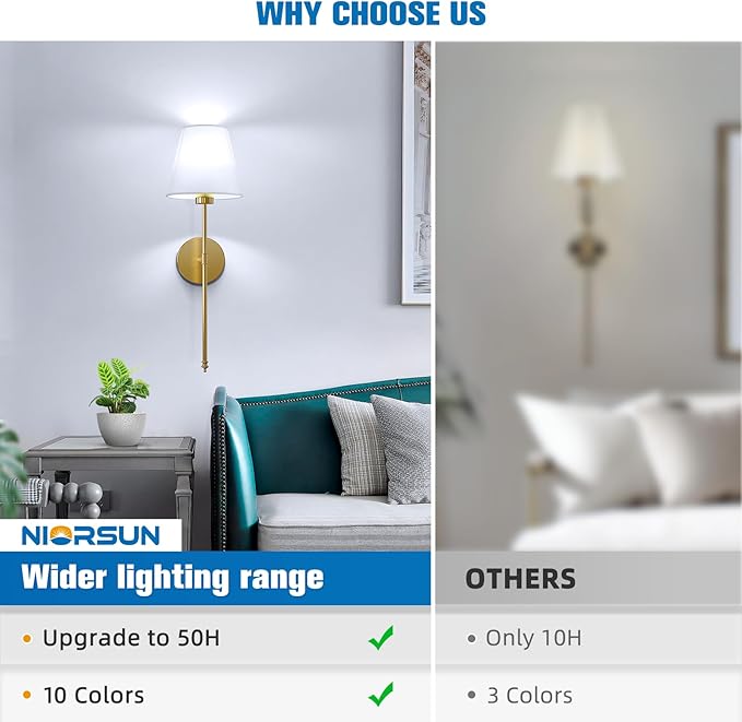 NIORSUN 19.9 inch Battery Operated Wall Sconce Set of 2,Gold Rechargeable Wall Lights with 5200mAh Dimmable Detachable Bulbs and Remote,10 Colors Wireless Sconces for Bedroom Living Room Hallway - Bloomnest