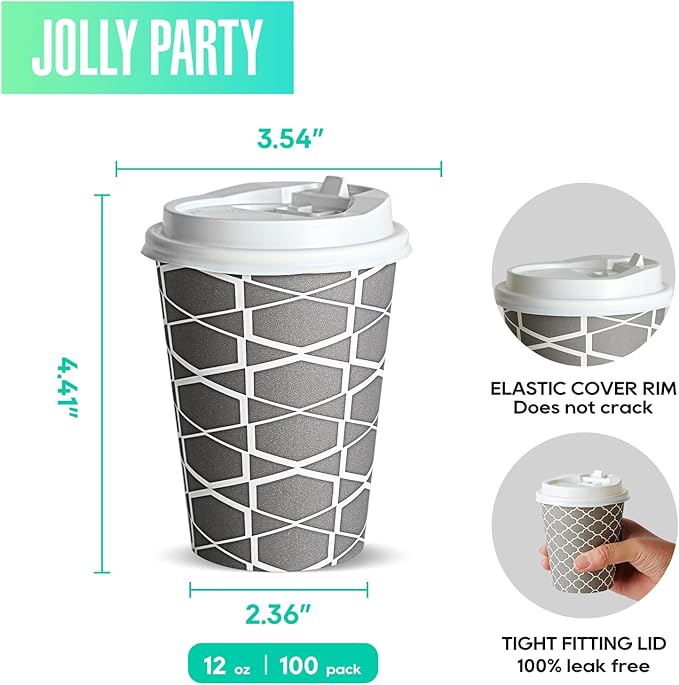 JOLLY PARTY Disposable Coffee Cups with Lids -12 oz (100 Sets) To Go Cups, Paper Coffee Cups for Beverages Espresso Tea, Suitable for Cafes, Offices and Home - Bloomnest