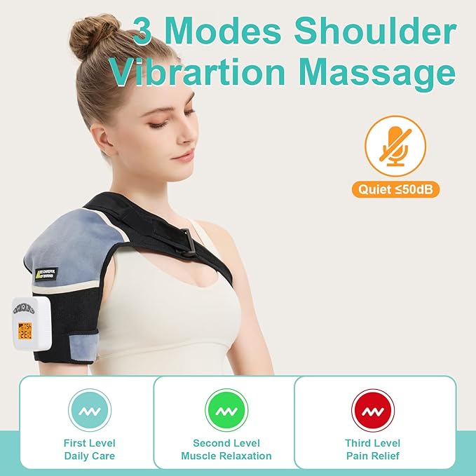 AOBOCO Cordless Shoulder Heating Pad with Vibration, 5000mAh Rechargeable Shoulder Massager for Rotator Cuff Pain Relief, Portable Heated Shoulder Brace Wrap, 104℉-140℉ Heat Levels, 3 Vibration Modes - Bloomnest