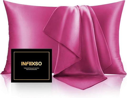 INFIIXSO Mulberry Silk Pillow Cases King Size Set of 2, Silk Pillowcase with Hidden Zipper 20"x36", Extraordinary Smooth and Soft Pillow Case for Hair and Skin(Hot Pink, 2 Pack) - Bloomnest