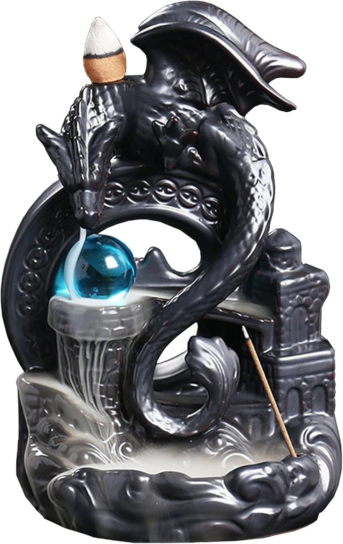 YYW Ceramic Backflow Incense Holder, Waterfall Incense Burner with 20 Backflow Incense Cones + 30 Incense Stick, Dragon Backflow Incense Burner for Aromatherapy Ornament Home Decor (Black) - Bloomnest