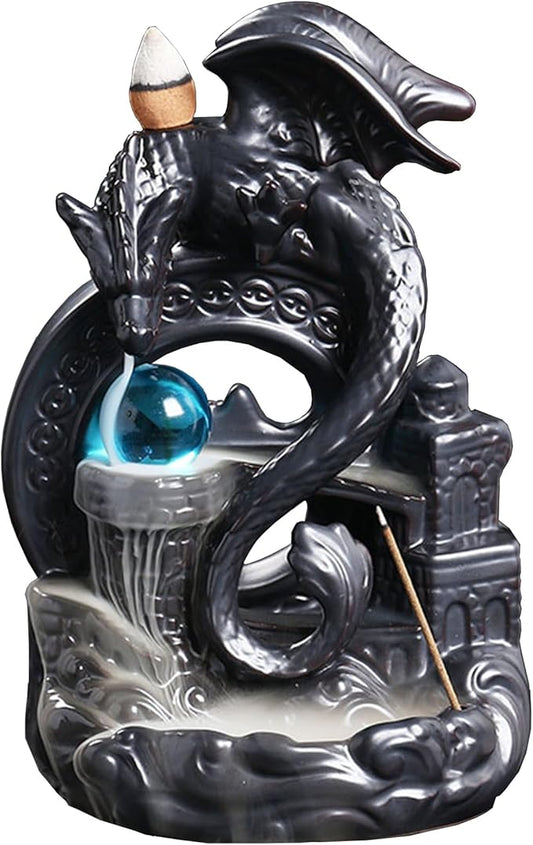 YYW Ceramic Backflow Incense Holder, Waterfall Incense Burner with 20 Backflow Incense Cones + 30 Incense Stick, Dragon Backflow Incense Burner for Aromatherapy Ornament Home Decor (Black) - Bloomnest