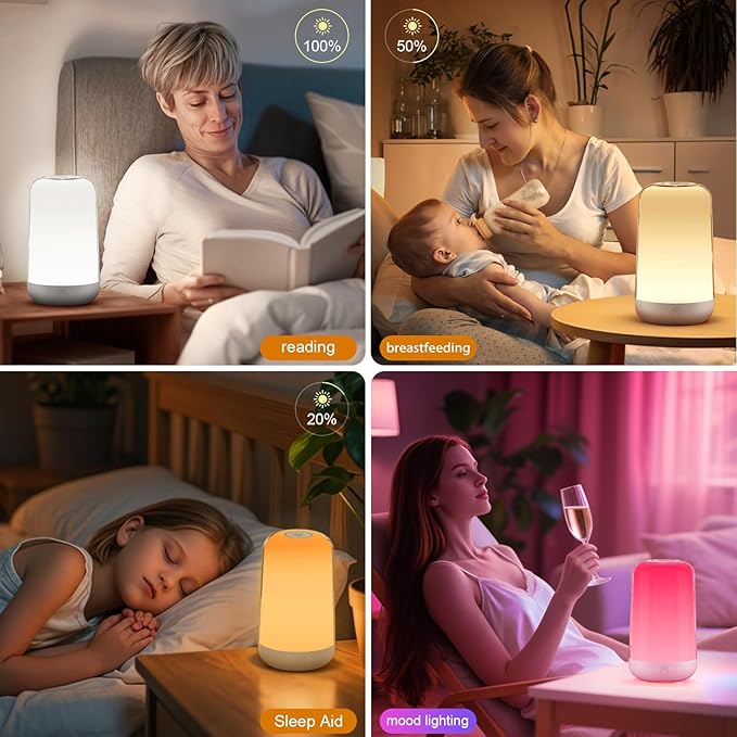 FRIDEKO HOME RGB Touch Bedside Lamp for Nightstand, 3 Color Temperatures Portable Rechargeable Cordless Night Light, Dimmable Mood Lighting for Bedroom, Living Room, Nursery, Breastfeeding, Kid, Adult - Bloomnest