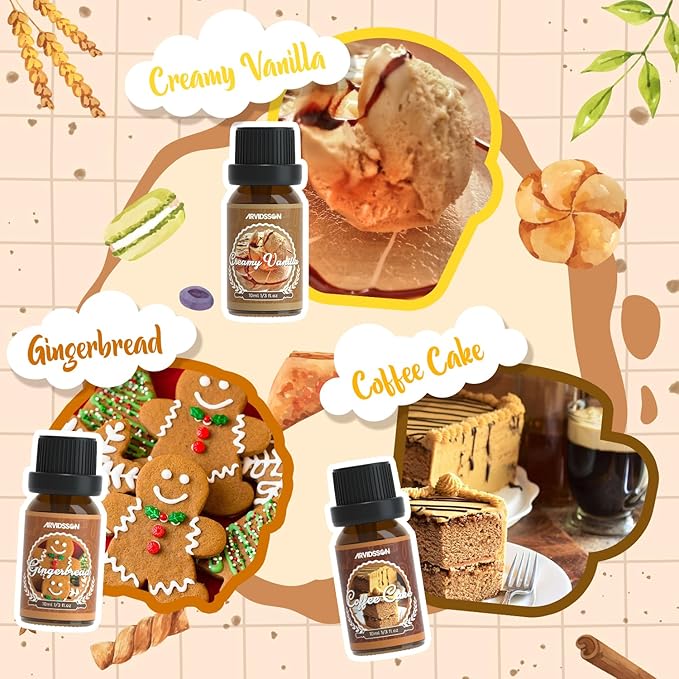 Bakery Fragrance Oils Set, ARVIDSSON Bakery Dessert Essential Oils for Candle Making, Pumpkin Pie, Snickerdoodle, Gingerbread, Creamy Vanilla and More, Cozy Fall Essential Oils for Diffuser - Bloomnest