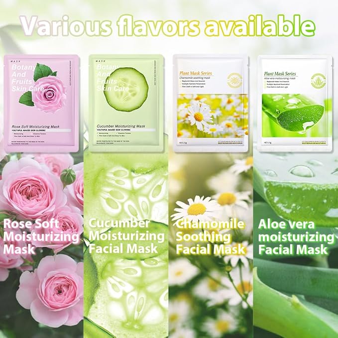 12 Pack Various Plants Face Sheet Mask Skincare,Hydrating Face Mask For Sensitive Skin,Moisturize,Soothing,Nourish for All Skin Types,Natural Spa Party Facial Mask Skincare Set for Women Men - Bloomnest