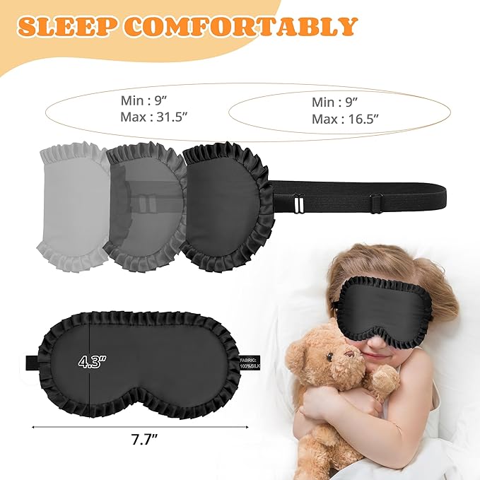 Kids Sleep Mask Eye Cover, 100% Real Mulberry Silk Sleep Mask with Adjustable Strap, Kids Blindfold for Sleeping, Boys Girls Eye Shade for Ages 5+, Soft and No Pressure (Black) - Bloomnest