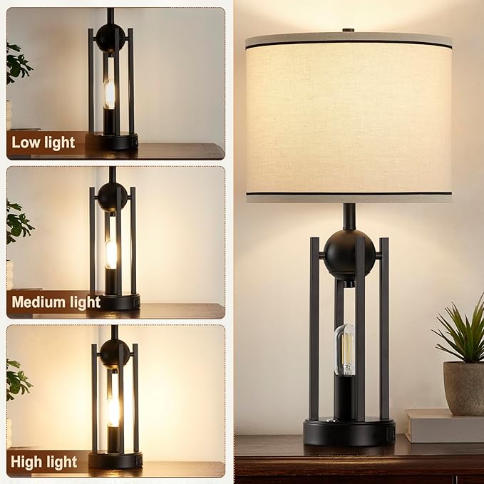 25'' Farmhouse Table Lamps for Living Room Set of 2 with USB C+A Ports, Vintage Bedside Lamp for Bedroom, Touch Lamps for Nightstand, Dual Lights Independent Switch, 4 Bulbs Included, Black - Bloomnest