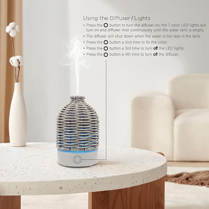 Essential Oil Diffuser - Multifunction Aromatherapy Diffuser 7 LED Color Changing Light 100ML Rattan Diffuser Easy to Clean Suitable for Home,Office (Grey) - Bloomnest