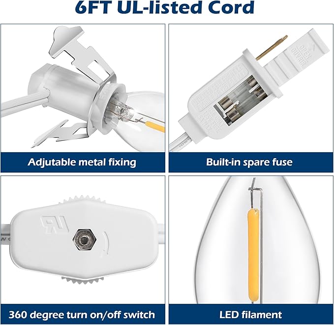 6 Packs 6ft Village Light Cord with 1W C7 LED Bulb, Salt Lamp Cord with ON/Off Switch and 2 Spare Fuses, Blow Mold Light Ideal for Christmas Village House Craft Decorations - Bloomnest