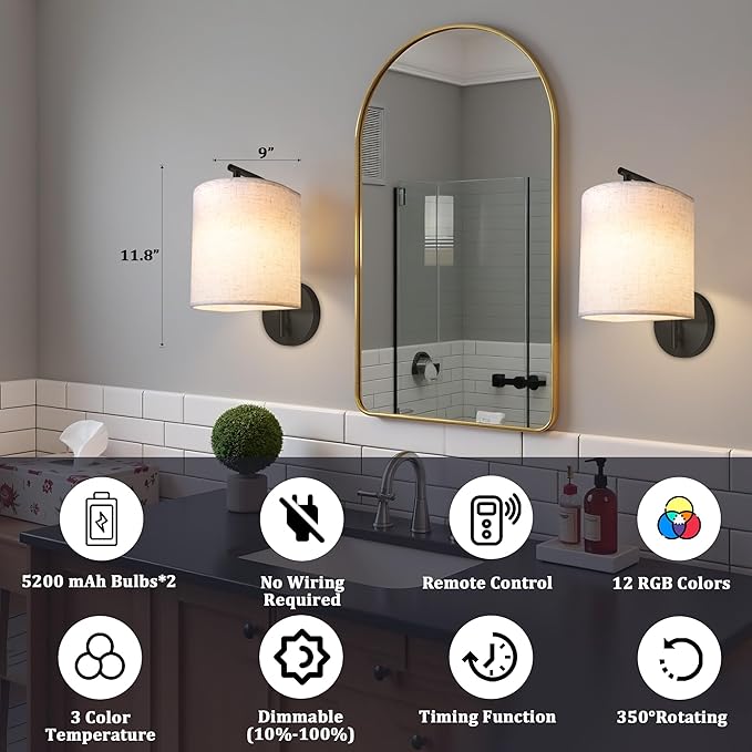 Rechargeable Battery Operated Wall Sconces Set of 2, Wireless Wall Lights with Remote Control 12 RGB Colors Magnetic Bulbs 5200mAh Battery Wireless Sconces for Bedroom Living Room (Black) - Bloomnest