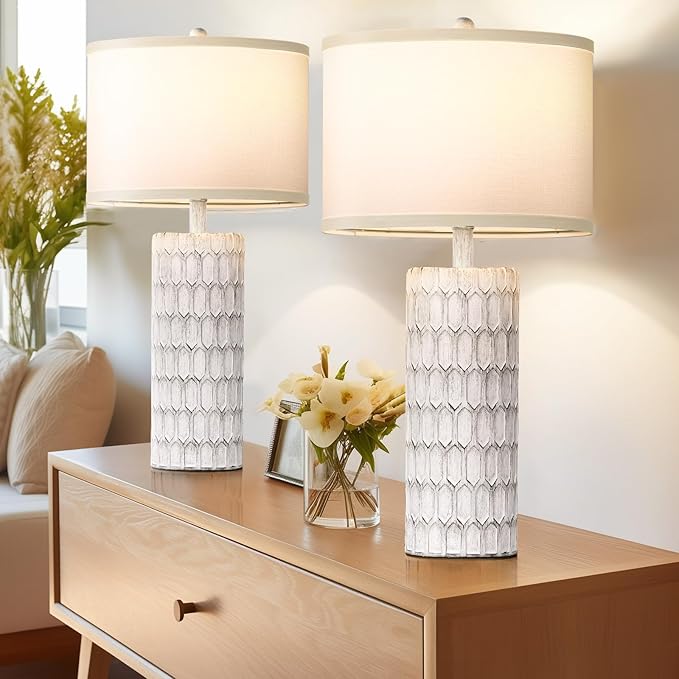26" Farmhouse Table Lamps for Living Room Set of 2, Antique Traditional End Table Lamps for Bedroom Night Stand, White Shade Rustic Bedside Lamps with Grey-White Resin Body, Bulbs Included - Bloomnest