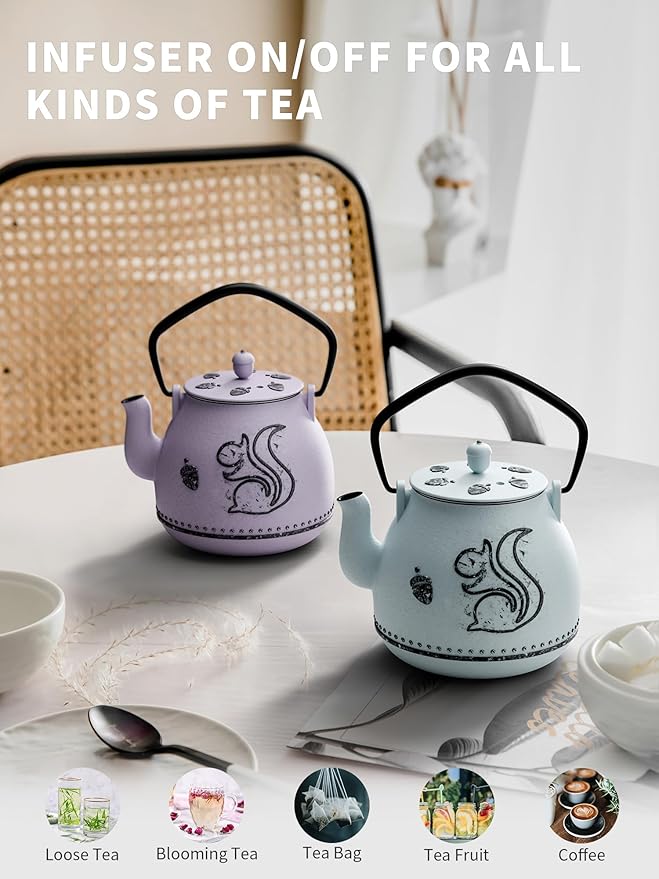 Toptier Teapot with Removable Infuser, Cast Iron Tea Kettle Stovetop Safe, Squirrel Design Tea Pot Coated with Enameled Interior for 32 Ounce (950 ml), Purple - Bloomnest