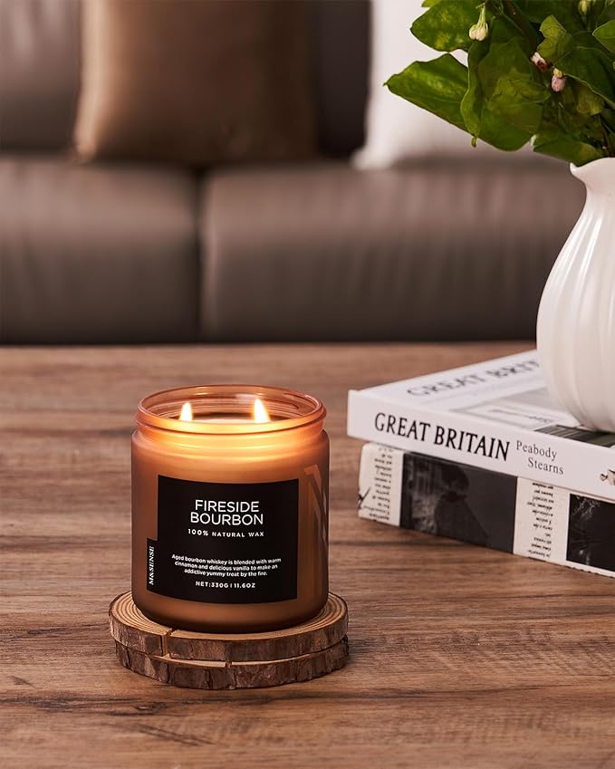 M&SENSE Fireside Bourbon Jar Candle, 11.6oz Clean Soy Wax Up to 70 Hours Burn Time Smoky Scent 2 Wick Cotton Fall Campfire Scented Candle for Home Decor Housewarming Gifts for Bathroom Office - Bloomnest