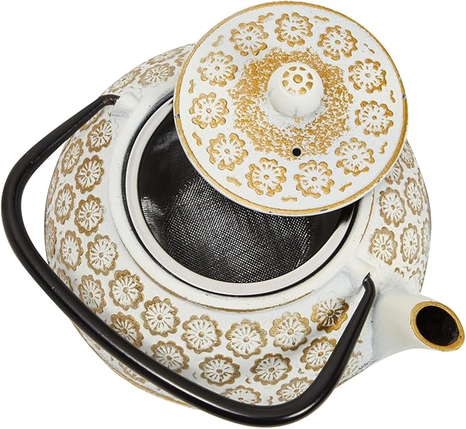 Juvale Floral Cast Iron Teapot - 34 oz, White - With Stainless Steel Infuser & Warmer - Japanese Kettle for Loose Leaf Tea - Stovetop Infuser Kettle