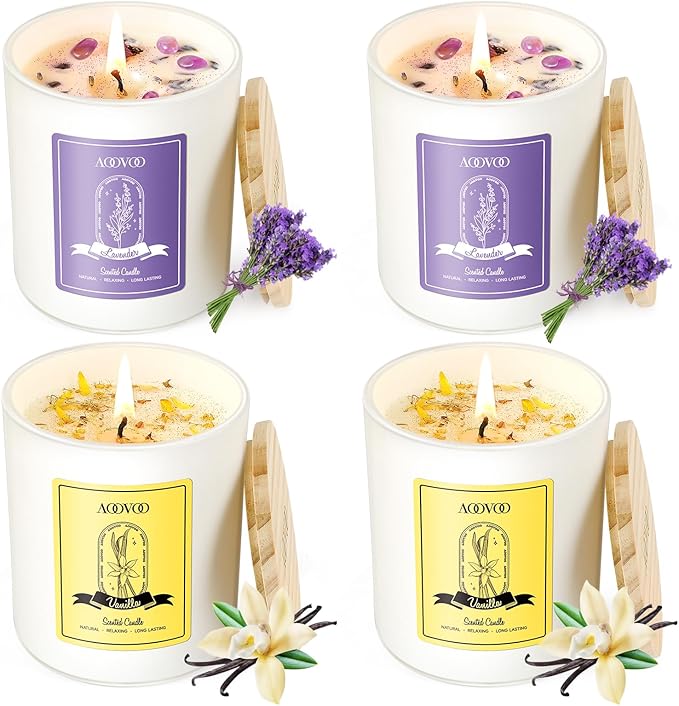 AOOVOO Lavender Candles Set for Women - 4 Pack Candles for Home Scented, 28 oz 200 Hour Long Lasting Aromatherapy Candle with Crystals Inside, Birthday Gifts Christmas Candle for Women Mom - Bloomnest