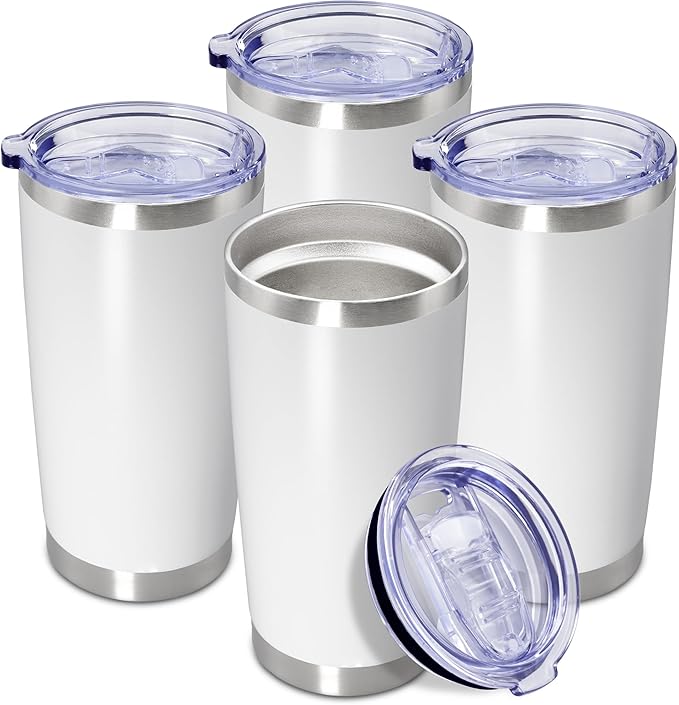 20 oz Tumbler Coffee Travel Tumblers Bulk with Lid Stainless Steel Double Wall Vacuum Insulated Mug Powder Coated Cups fit Car Cupholder for Hot and Cold - White, 4Pack